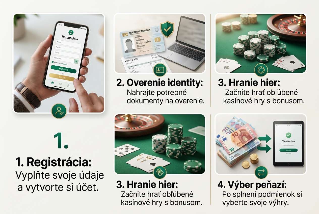 Prehľadná infografika postupu premeny bonusu na hotovosť v štyroch krokoch